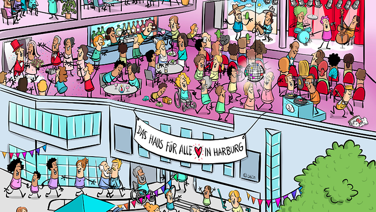  Eine Karikatur einer Stadthalle mit vielen Menschen, die feiern, sich unterhalten und sich Veranstaltungen ansehen.