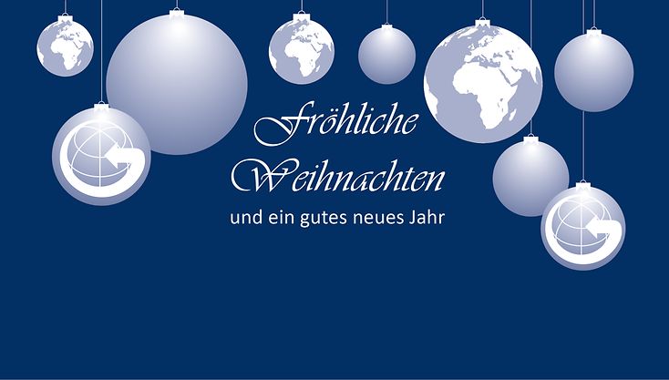 Weihnachtsbild des LGV 2021: Hängende Weihnachtskugeln mit der Weltkugel oder dem Geo-Logo als Motiv.