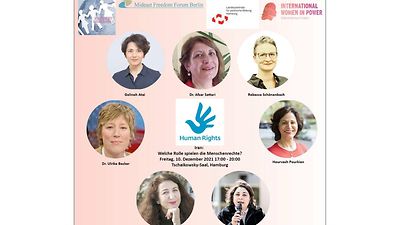  Sieben Frauengesichter um das Logo Human Rights gruppiert