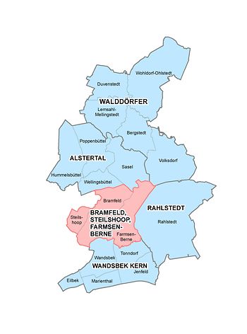Karte Wandsbek - Bramfeld, Steilshoop, Farmsen-Berne farblich abgesetzt