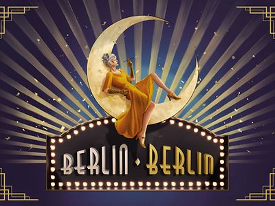  Eine Zeichnung einer Frau in gelbem Kleid, die auf einer Mondsichel liegt. Darunter ein Schild mit der Schrift Berlin Berlin. 