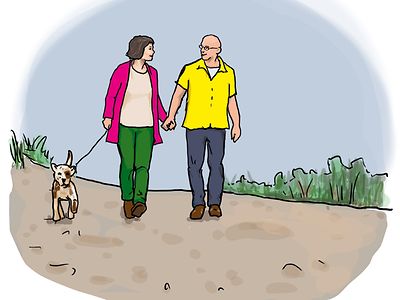  Ein Paar und ihr Hund machen einen Spaziergang 