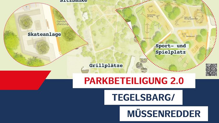  Beteiligungsplakat für die Parkbeteiligung Tegelsbarg Müssenredder. Abgebildet ist der Park mit den verschiedenen Umsetzungsvorschlägen.