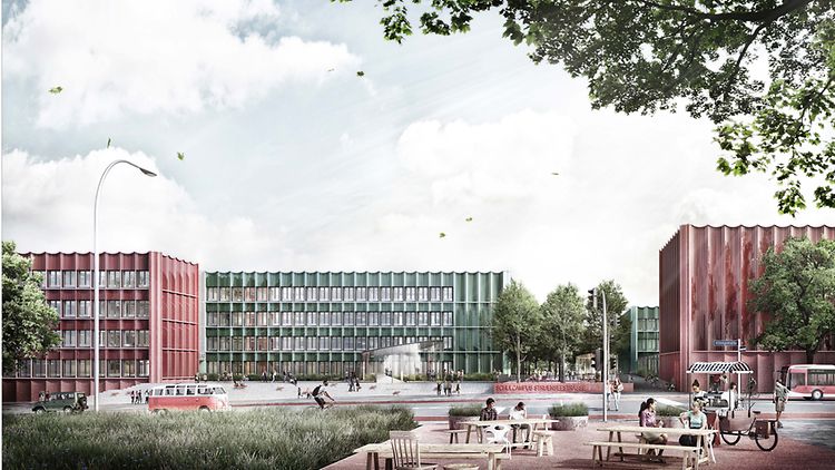  Eine Entwurfszeichung des Schulcampus Struenseestraße: Zwei rötliche Quaderförmige Gebäude rechts und links zentral dahinter ein grünes quaderförmiges Gebäude.