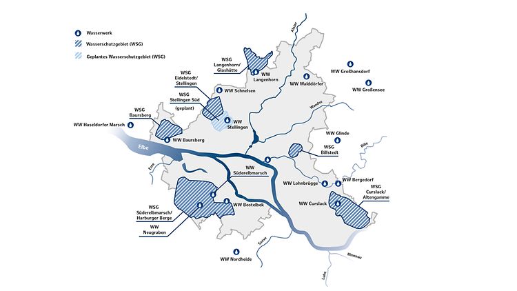 Ein Kartenausschnitt der Stadt Hamburg mit den Standorten der Wasserwerke und der ausgewiesenen Wasserschutzgebiete.