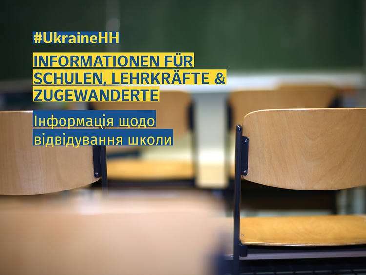  Ein Bild von einem Stuhl im Klassenraum mit dem Text: informationen für Schulen, Lehrkräfte & Zugewanderte - Інформація щодо відвідування школи .