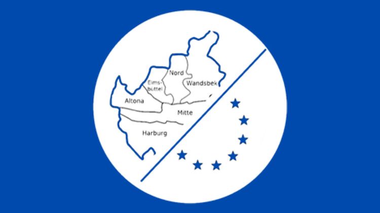  blau hinterlegte Hamburgkarte/Europaflagge mit dem Titel Europa- und Bezirksversammlungswahl