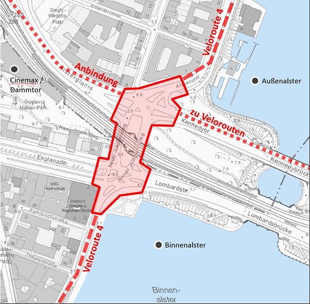Karte Esplanade-Neuer Jungfernstieg-Kennedybrücke-Alsterglacis