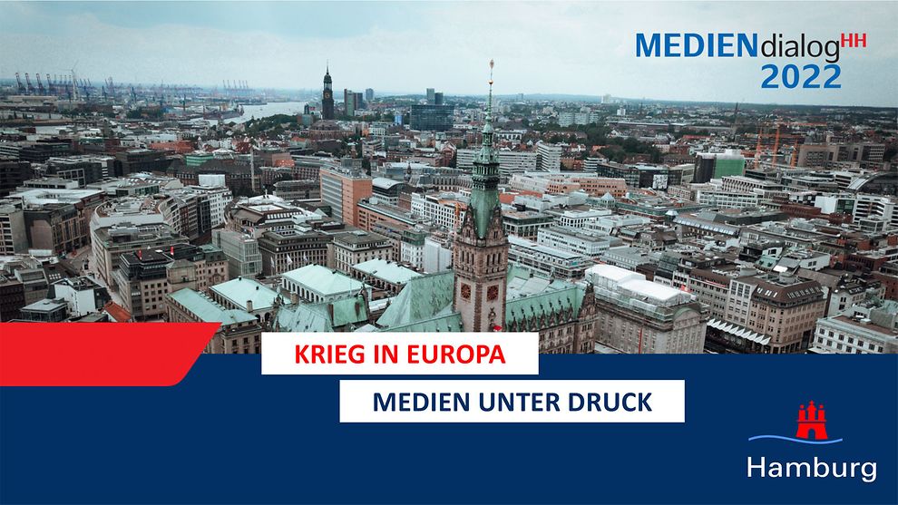 Titelbild Mediendialog 2022 mit Aufschrift "Krieg in Europa - Medien unter Druck"