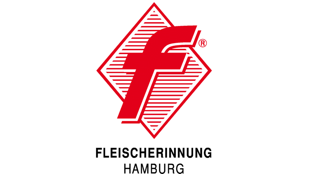 Ein kleines rotes "f" steht über einer rot gestreiften Raute. Darunter steht in schwarz "Fleischerinnung Hamburg"