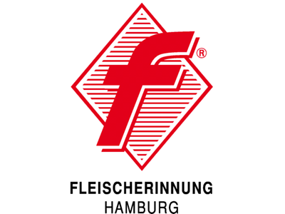  Ein kleines rotes "f" steht über einer rot gestreiften Raute. Darunter steht in schwarz "Fleischerinnung Hamburg"