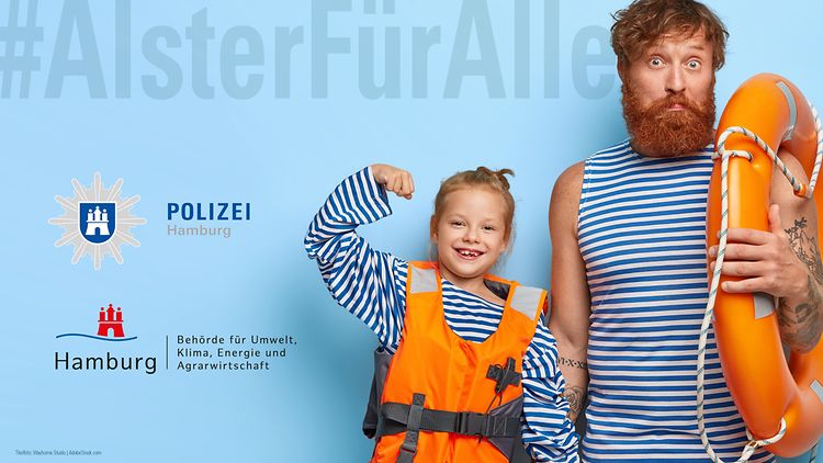  #AlsterFürAlle, Logo Polizei Hamburg und BUKEA, Kind und Mann mit Schwimmweste und Rettungsring lachen in Kamera
