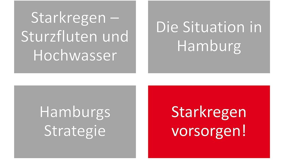 Illustration der vier Themenblöcke: Starkregen, Sturzfluten und Hochwasser; Die Situation in Hamburg; Hamburgs Strategie; Starkregen vorsorgen!