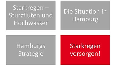  Illustration der vier Themenblöcke: Starkregen, Sturzfluten und Hochwasser; Die Situation in Hamburg; Hamburgs Strategie; Starkregen vorsorgen!