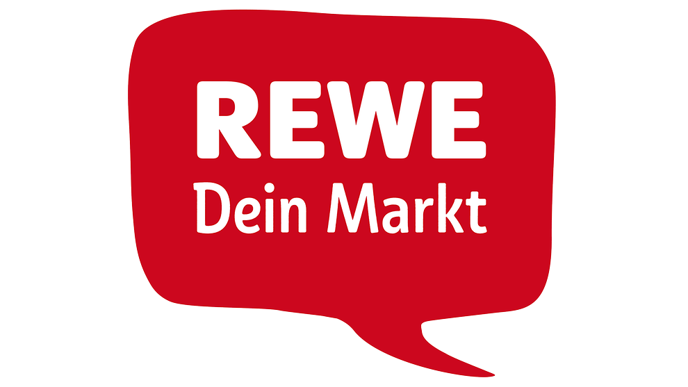 Eine rote Sprechblase, in der "REWE Dein Markt" steht.