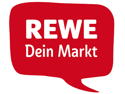  Eine rote Sprechblase, in der "REWE Dein Markt" steht.