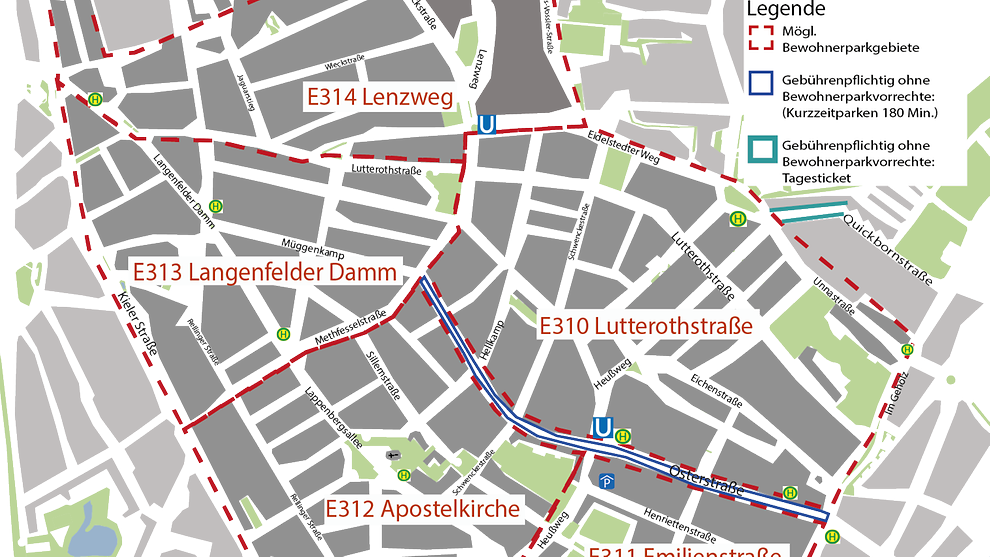 Kartenausschnitt mit eingezeichnetem Bewohnerparkgebiet Eimsbüttel Osterstraße.