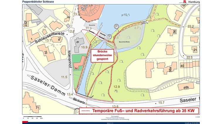  Temporäre Fuß- und Radverkehrsführung am Wehr Poppenbütteler Schleuse vom 29.08.-02.09.2022 (Kartendarstellung)