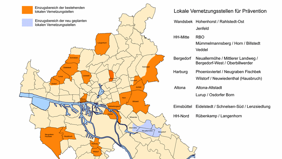 Auf einer Hamburg-Karte sind rd. 20 Stadtteile hervorgehoben, die im Einzugsbereich der Vernetzungsstellen liegen