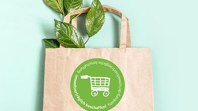 Einkaufstasche aus recyceltem braunem Papier mit Griff und grünen Zweigen.