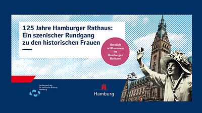  Flyer mit Hamburger Rathaus und winkender Frau im Vordergrund