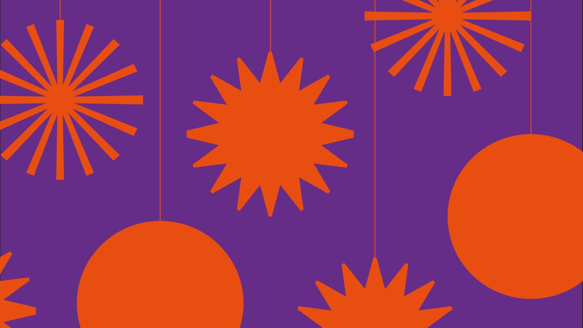  Orangene Kugeln und Sterne auf lila-farbenem Hintergrund. 