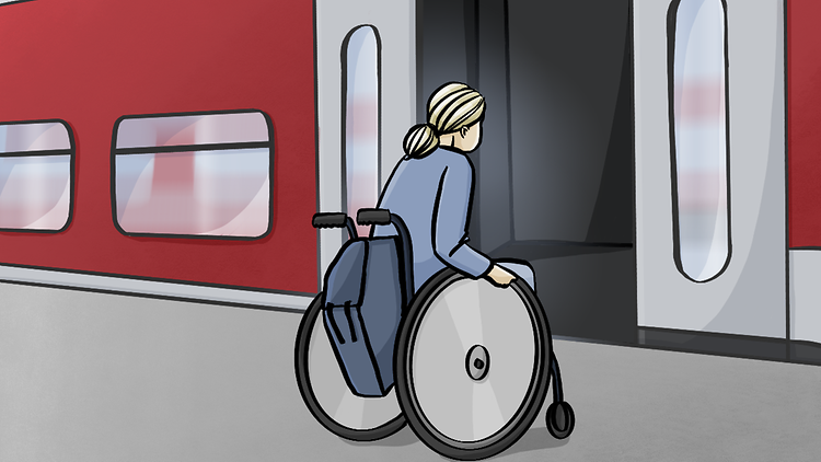  Eine Rollstuhlfahrerin steht am Bahnsteig vor einem Zug mit geöffneten Türen