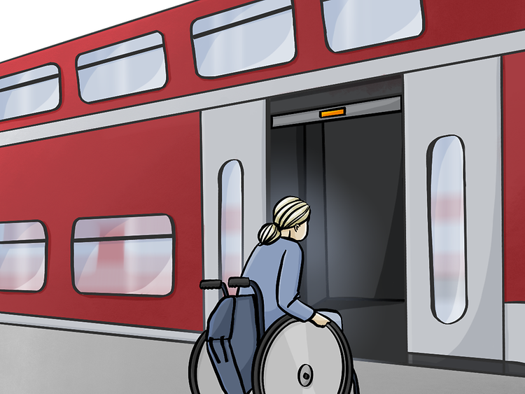  Eine Rollstuhlfahrerin steht am Bahnsteig vor einem Zug mit geöffneten Türen
