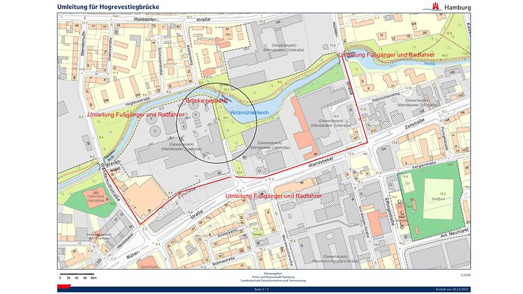  Auf einer Karte sind die Umeleitungsempfehlungen für Fußgänger und Radfahrer für die gesperrte Hogrevestiegbrücke eingezeichnet.