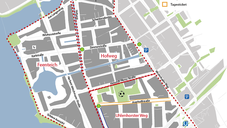  Kartenausschnitt mit eingezeichnetem Bewohnerparkgebiet Uhlenhorst.