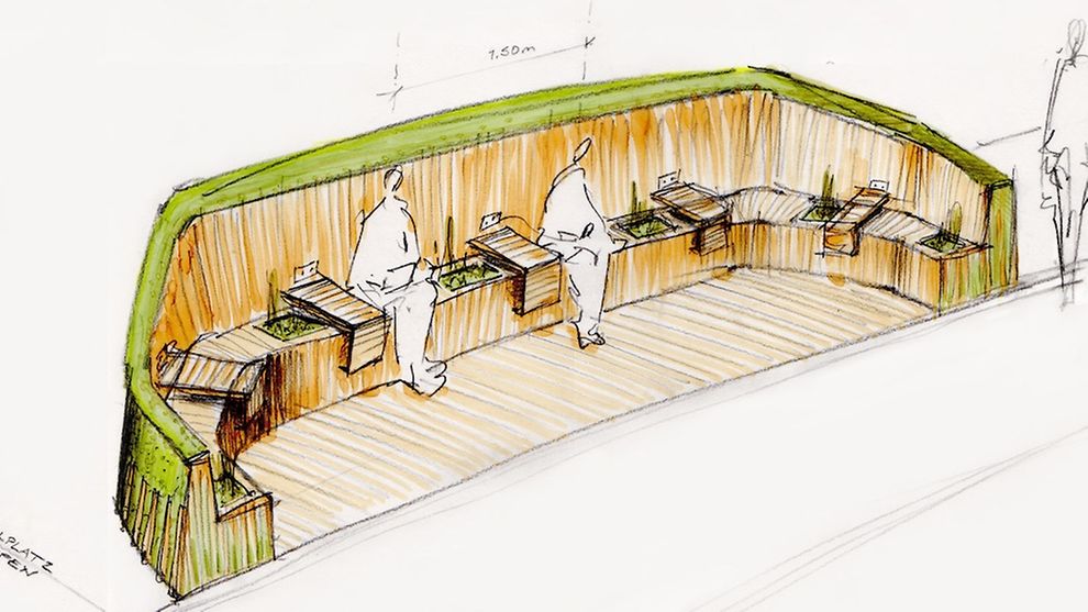 Eine bunte Skizze einer großen Sitzgelegenheit aus Holz mit verschiedenen Pflanzen.