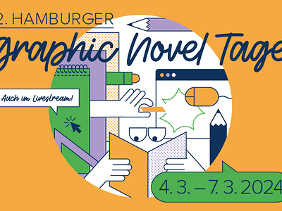  Ein orangenes Plakat mit grafischen Zeichnungen einer lesenden Person für die Graphic Novel Tage 2024.
