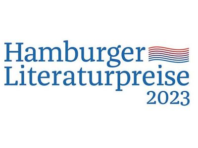  Zu sehen ist das Logo der Hamburger Literaturpreise, das aus einem blauen Schriftzug besteht