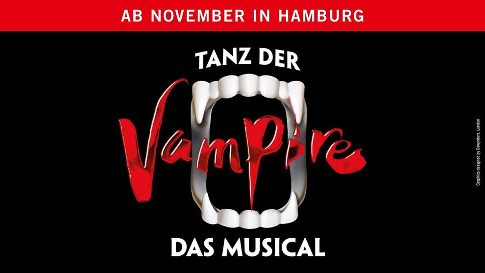  Logo von Tanz der Vampire. Oben ist roter Infostreifen, dass das Musical ab November in Hamburg zu sehen ist.