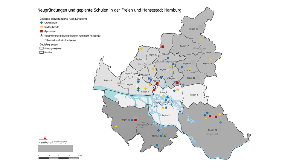 Karte zu Schulneugründungen und geplanten Schulen in Hamburg