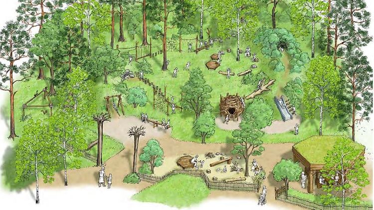  Zeichnung eines Waldspielplatzes. Zu sehen sind Bäume, Grünflächen, Wege, Spielgeräte und ein Sandkastenbereich, alles mit Waldbezug wie Baumstümpfe, Hölzern und Sträuchen..