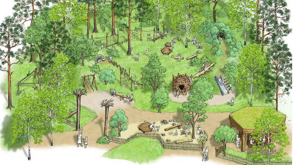 Zeichnung eines Waldspielplatzes. Zu sehen sind Bäume, Grünflächen, Wege, Spielgeräte und ein Sandkastenbereich, alles mit Waldbezug wie Baumstümpfe, Hölzern und Sträuchen..