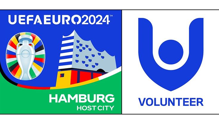 Grafik, stilisiert: UEFA-Pokal, Elbphilharmonie, Symbol für eine engagierte Person. Text: UEFA EURO 2024 Hamburg Host CityVolunteer