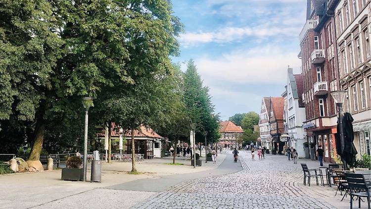  Blick entlang der Alten Holstenstraße mit Kopfsteinpflaster, angrenzenden Bäumen, Häusern, einem Café und Fußgängern.