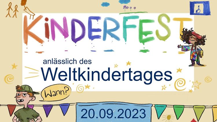  Geschrieben: Kinderfest anlässlich des Weltkindertages - 20.09.2023, 15 bis 18 Uhr, dazu Zeichnungen von Kindern, einem Haus und Girlanden vor gelbem Hintergrund