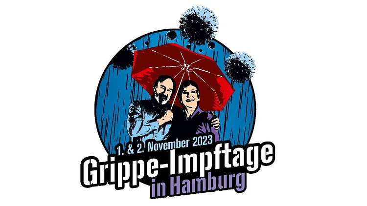  Plakat "Grippe-Impftage in Hamburg" - zwei Menschen stehen unter einem Schirm