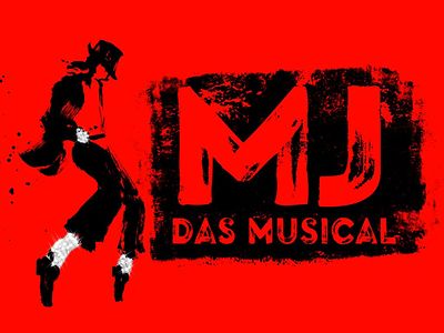  Plakat für MJ - Das Michael Jackson Musical, roter Hintergrund und schwarze Zeichnung von Michael Jackson.