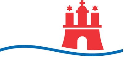  Hamburg-Logo: Rote Burg und blaue Welle