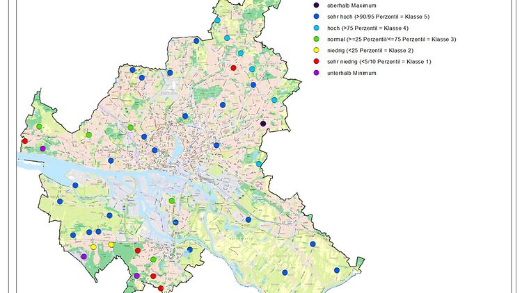 Das Bild zeigt farblich unterschieden die die Grundwasserstände in Hamburg im Dezember 2023 im Vergleich zum Klimamittel