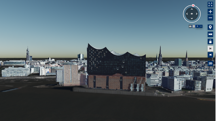  Blick auf die Elbe und die Elbphilharmonie im 3D Modell