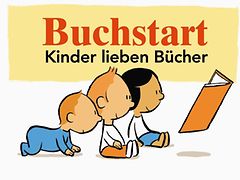  Projekt Buchstart Logo mit der Schrift: Buchstart, Kinder lieben Bücher