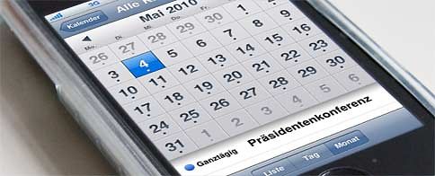 Kalendereintrag "Präsidentenkonferenz" am 4. Mai 2010 auf Mobiltelefon