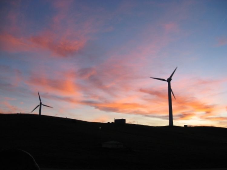  Windkraftanlagen/Windräder während des Sonnenuntergangs auf der Deponie Georgswerder