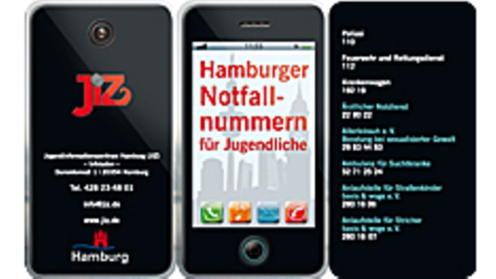  Ein Faltblatt in Form eines schwarzen Handys, bedruckt mit Hamburger Notfallnummern für Jugendliche.