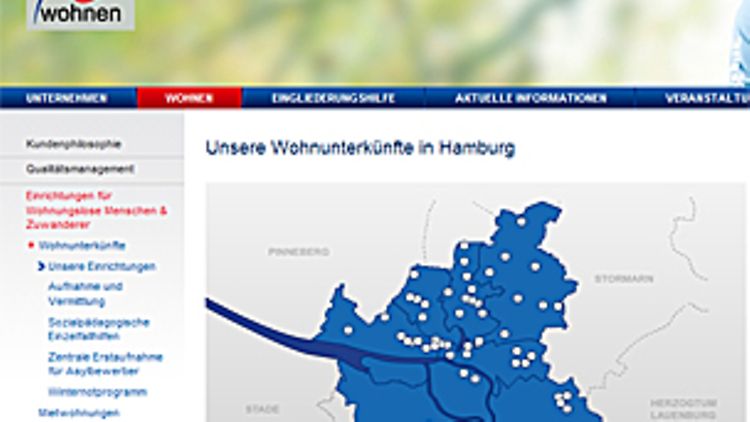  Bildschirmfoto: Übersicht der Wohnunterkünfte auf der Internetseite von 'fördern und wohnen'. 